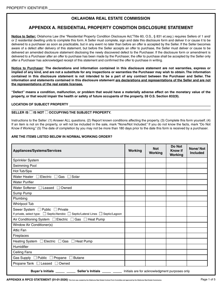 First page of the official Oklahoma Real Estate Commission OREC Appendix A Residential Property Condition Disclosure Statement