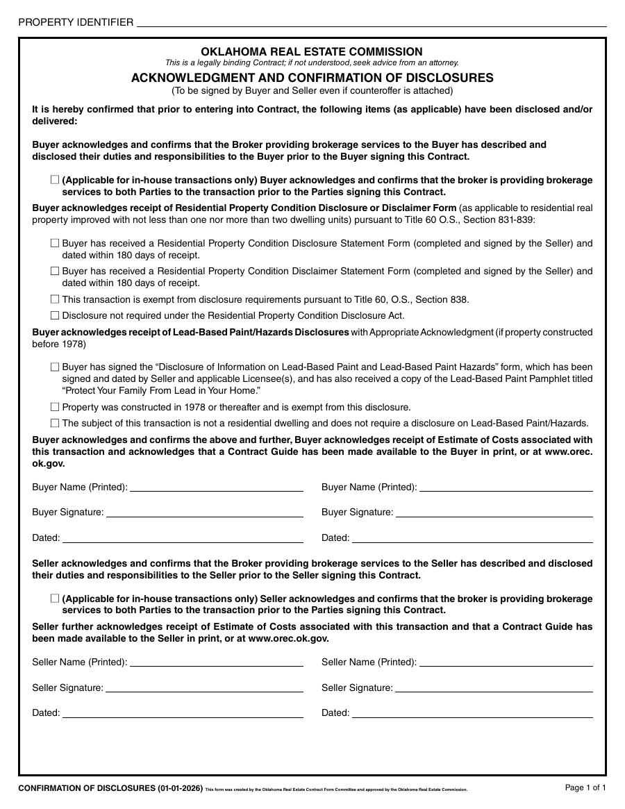 First page of the official Oklahoma Real Estate Commission OREC Residential Sale Oklahoma Uniform Contract of Sale of Real Estate, Residential Sale