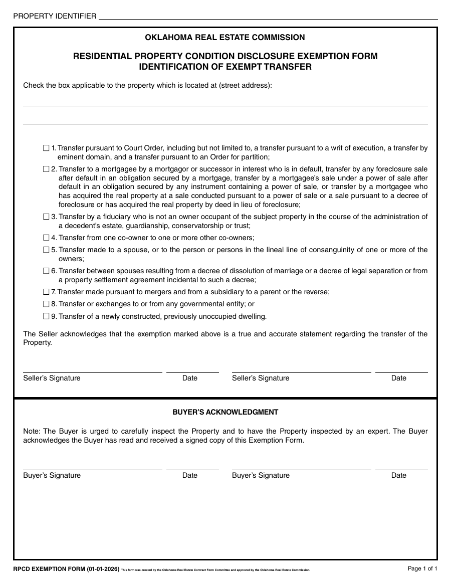 First page of the official Oklahoma Real Estate Commission OREC RPCD Exemption Residential Property Condition Disclosure Exemption Form