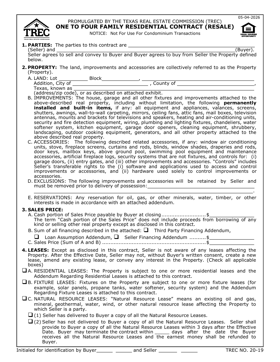First page of the official Texas Real Estate Commission TREC 20-19 One to Four Family Residential Contract (Resale)